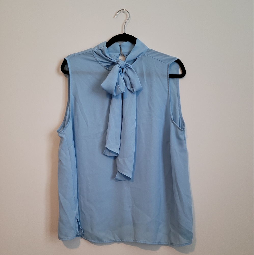 Eloquii Light Blue Sleeveless Bow Tie Neck Blouse